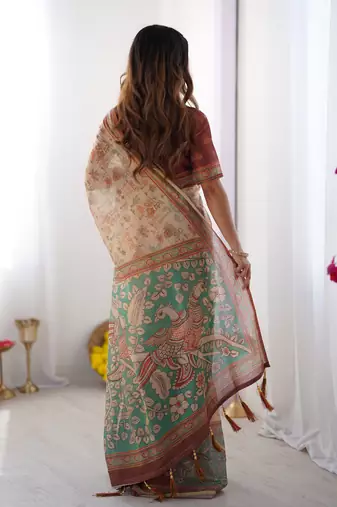 Beige color ready to wear saree with unstich blouse