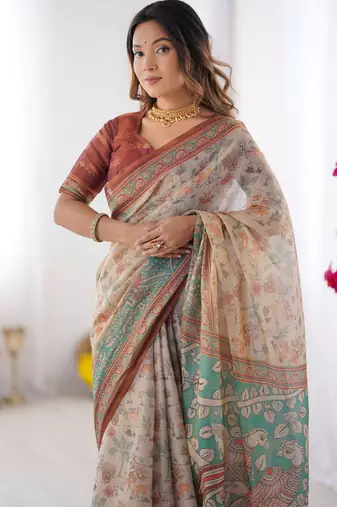 Beige color ready to wear saree with unstich blouse