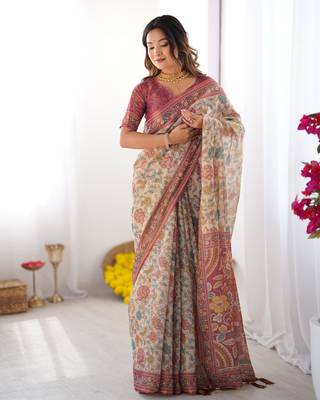 Cream color ready to wear saree with unstich blouse 1
