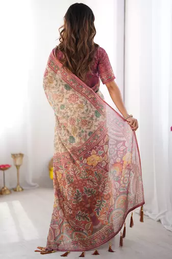 Cream color ready to wear saree with unstich blouse