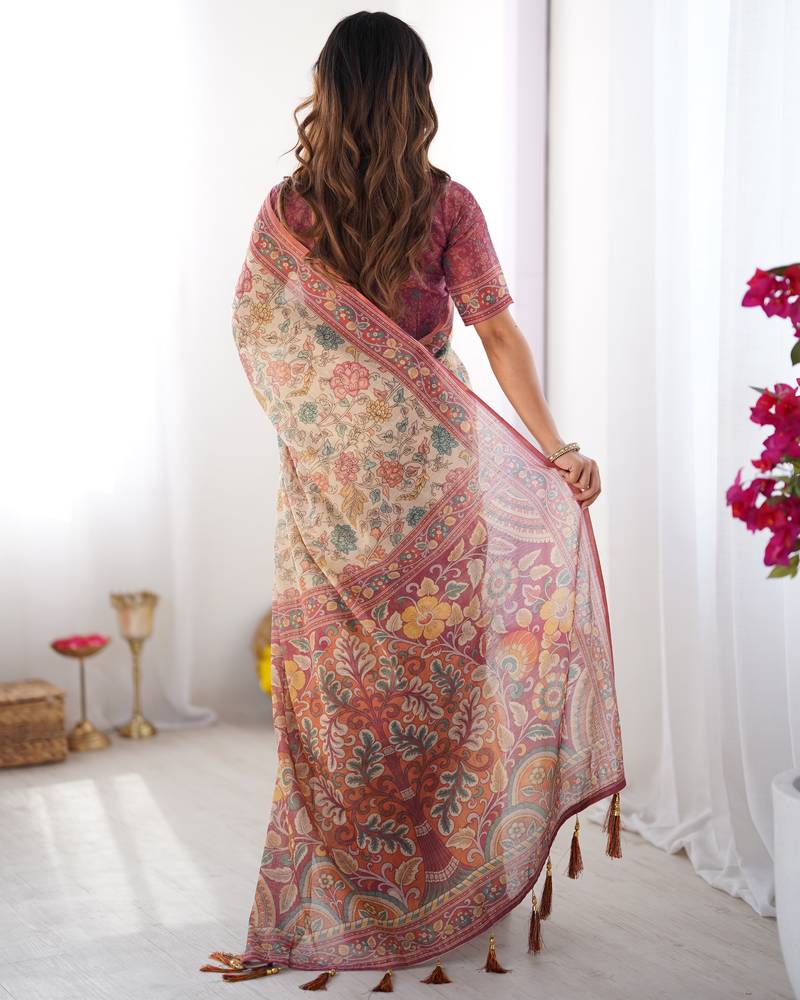 Cream color ready to wear saree with unstich blouse