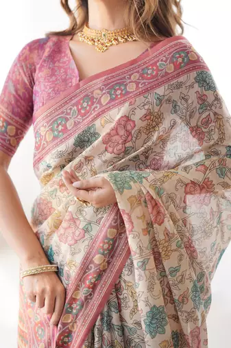 Cream color ready to wear saree with unstich blouse