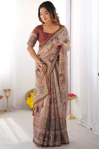 Beige color ready to wear saree with unstich blouse