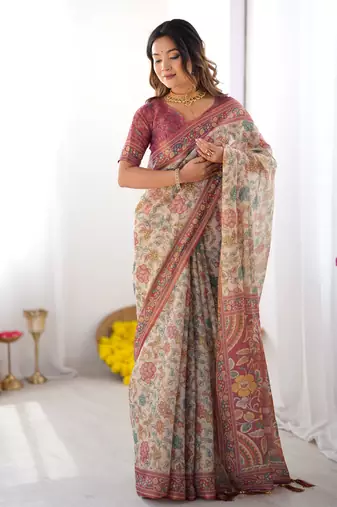 Beige color ready to wear saree with unstich blouse