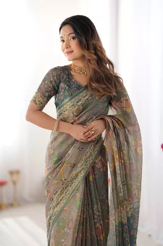 Grey color ready to wear saree with unstich blouse