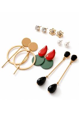 Wo  Set of 6 Gold-Plated Pear-Beaded Fashion Earrings 4
