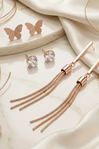   Set of 3 Rose-Gold-Plated Pear-Beaded Earrings