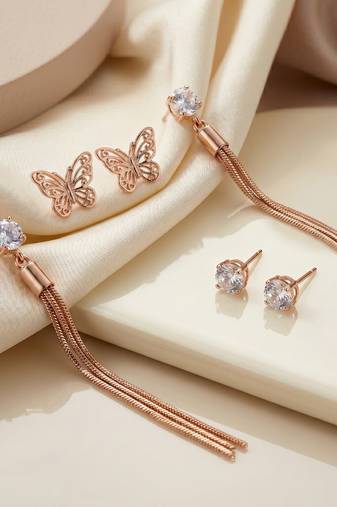 Wo  Set of 3 Rose-Gold-Plated Pear-Beaded Hoop Earrings