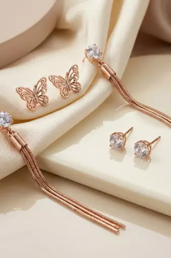 Wo  Set of 3 Rose-Gold-Plated Pear-Beaded Hoop Earrings