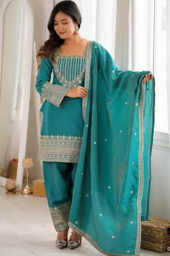 Blue vichitra silk fabric with embroidery sequence dori and jari work,top with duppta set