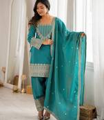 Blue vichitra silk fabric with embroidery sequence dori and jari work,top with duppta set