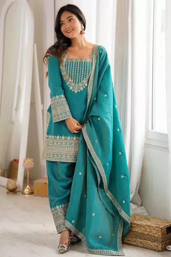 Blue vichitra silk fabric with embroidery sequence dori and jari work,top with duppta set