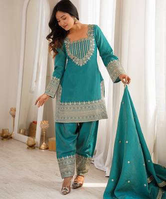 Blue vichitra silk fabric with embroidery sequence dori and jari work,top with duppta set 3