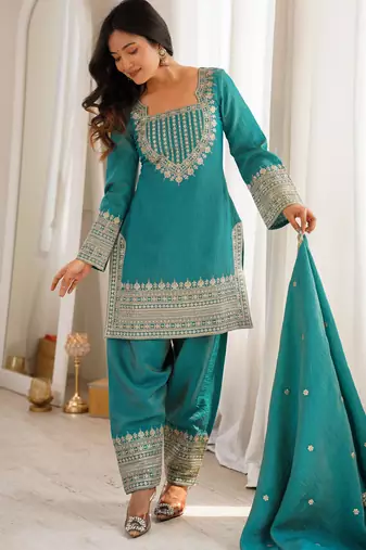 Blue vichitra silk fabric with embroidery sequence dori and jari work,top with duppta set