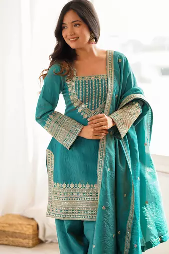 Blue vichitra silk fabric with embroidery sequence dori and jari work,top with duppta set