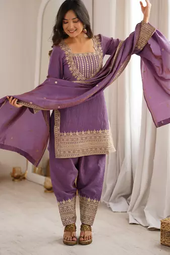 Pink vichitra silk fabric with embroidery sequence dori and jari work,top with duppta set