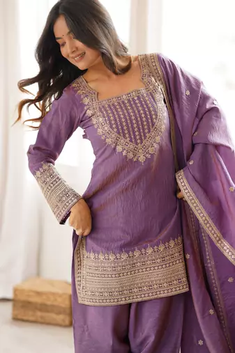 Pink vichitra silk fabric with embroidery sequence dori and jari work,top with duppta set