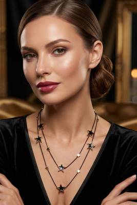   Black Chain Black Star Stylish cz studded layered chain necklace 4