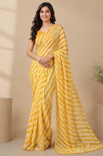 Yellow all over strip n foil prints with premium lace border gorgette saree with unstitched blouse