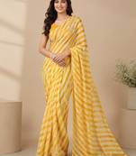 Yellow all over strip n foil prints with premium lace border gorgette saree with unstitched blouse