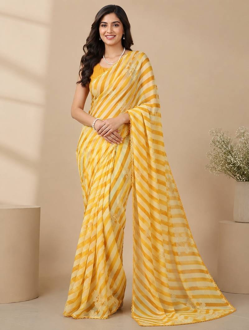 Yellow all over strip n foil prints with premium lace border gorgette saree with unstitched blouse