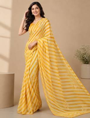 Yellow all over strip n foil prints with premium lace border gorgette saree with unstitched blouse 2