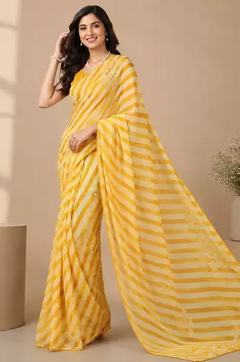 Yellow all over strip n foil prints with premium lace border gorgette saree with unstitched blouse