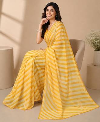 Yellow all over strip n foil prints with premium lace border gorgette saree with unstitched blouse 3