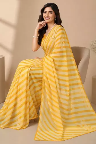 Yellow all over strip n foil prints with premium lace border gorgette saree with unstitched blouse