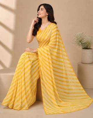 Yellow all over strip n foil prints with premium lace border gorgette saree with unstitched blouse 4