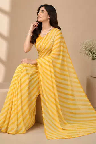 Yellow all over strip n foil prints with premium lace border gorgette saree with unstitched blouse