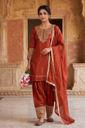 Rust orange embroidered kurta farshi salwar with dupatta