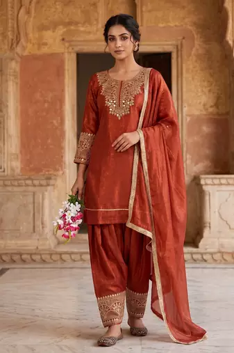 Rust orange embroidered kurta farshi salwar with dupatta