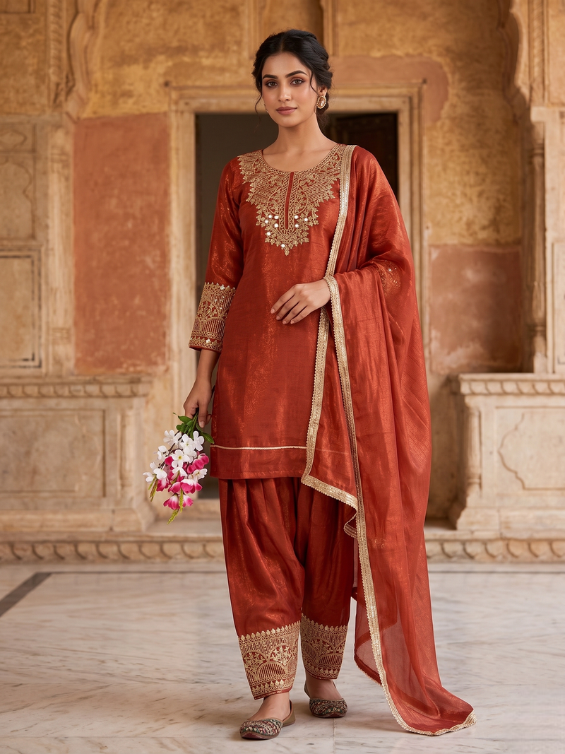 Rust orange embroidered kurta farshi salwar with dupatta