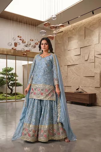 Sky blue embroidery work kurta sharara set with dupatta