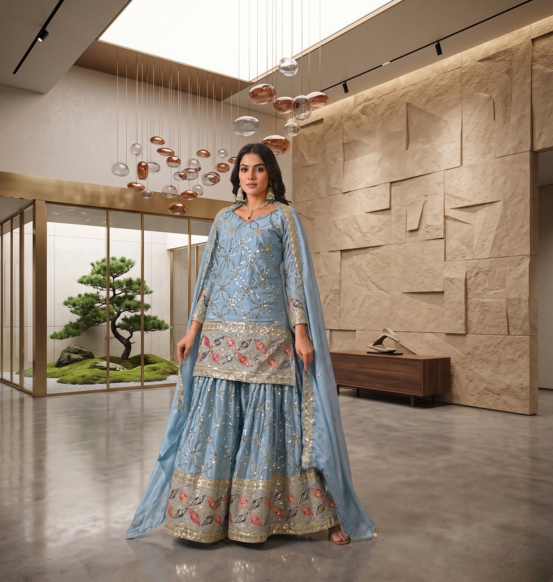 Sky blue embroidery work kurta sharara set with dupatta
