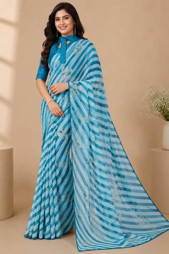 Rama color  all over strip n foil prints with premium lace border gorgette saree with unstitched blouse