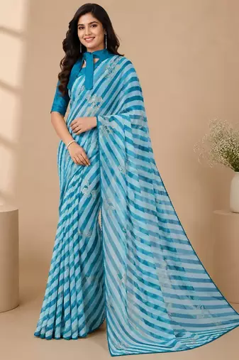 Rama color  all over strip n foil prints with premium lace border gorgette saree with unstitched blouse