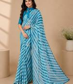 Rama color  all over strip n foil prints with premium lace border gorgette saree with unstitched blouse
