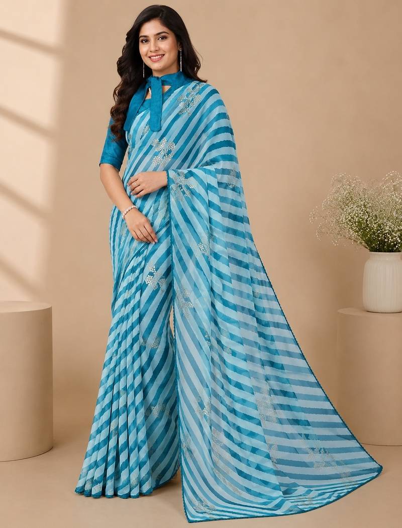 Rama color  all over strip n foil prints with premium lace border gorgette saree with unstitched blouse