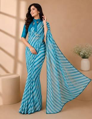 Rama color  all over strip n foil prints with premium lace border gorgette saree with unstitched blouse 2