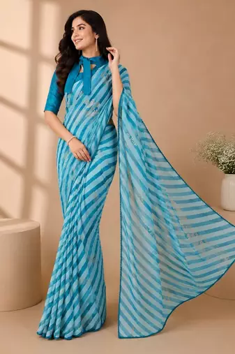 Rama color  all over strip n foil prints with premium lace border gorgette saree with unstitched blouse