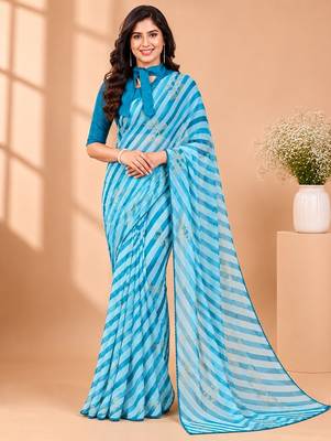 Rama color  all over strip n foil prints with premium lace border gorgette saree with unstitched blouse 3