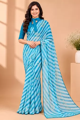 Rama color  all over strip n foil prints with premium lace border gorgette saree with unstitched blouse
