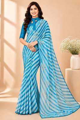 Rama color  all over strip n foil prints with premium lace border gorgette saree with unstitched blouse 4