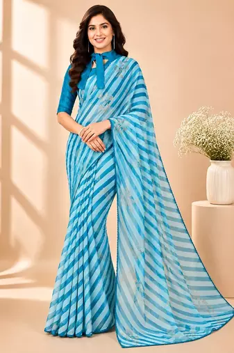 Rama color  all over strip n foil prints with premium lace border gorgette saree with unstitched blouse