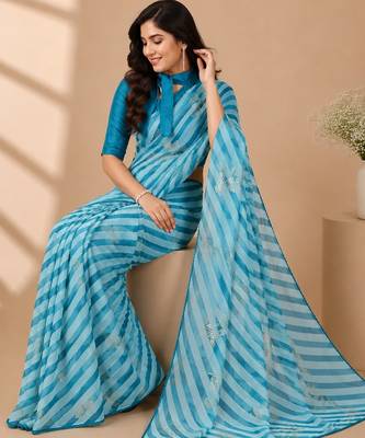 Rama color  all over strip n foil prints with premium lace border gorgette saree with unstitched blouse 5