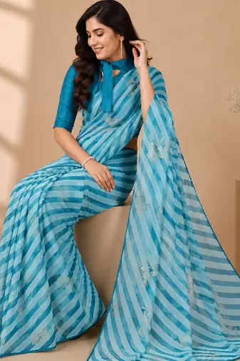 Rama color  all over strip n foil prints with premium lace border gorgette saree with unstitched blouse