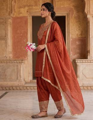 Rust orange embroidered kurta farshi salwar with dupatta 2