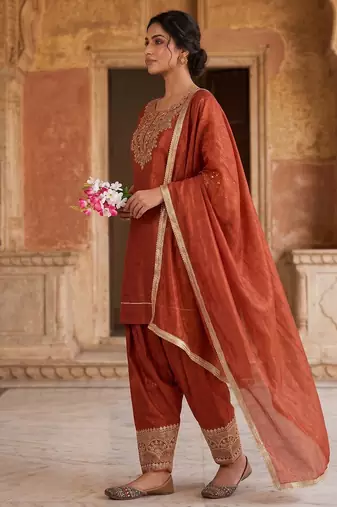 Rust orange embroidered kurta farshi salwar with dupatta